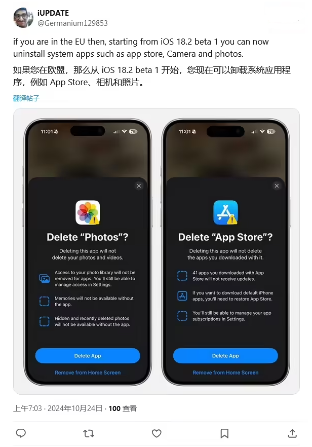 泗洪苹果手机维修分享iOS 18.2 支持删除 App Store 应用商店 