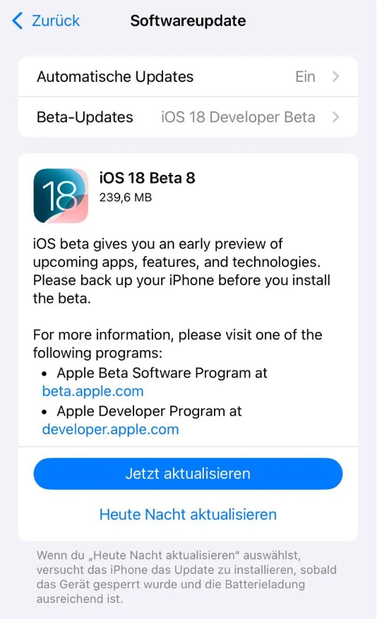 泗洪苹果手机维修分享苹果 iOS / iPadOS 18 开发者预览版 Beta 8 发布 